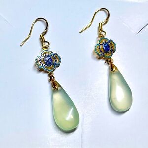 Chinese Style Earrings for Women, Blue Glass Stone and Gold Metal Earwire